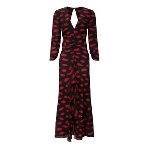 RIXO Black Maxi Dress with Red Lip Print